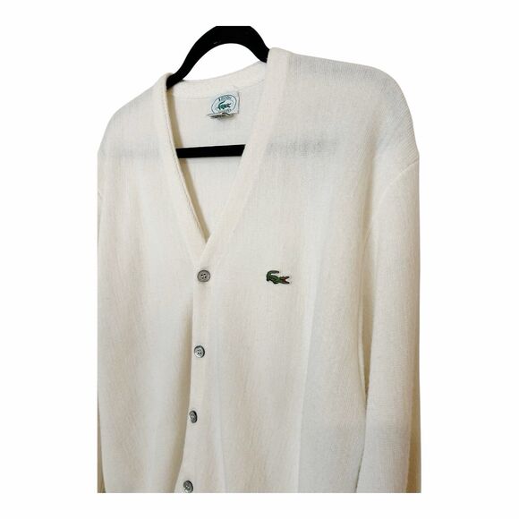 VTG Izod Lacoste 100% Orlon Acrylic Ivory Roll Cuff Cardigan Sweater - Large - Picture 2 of 8